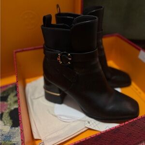 Tory Burch Black Ankle Boots with Gold Accent